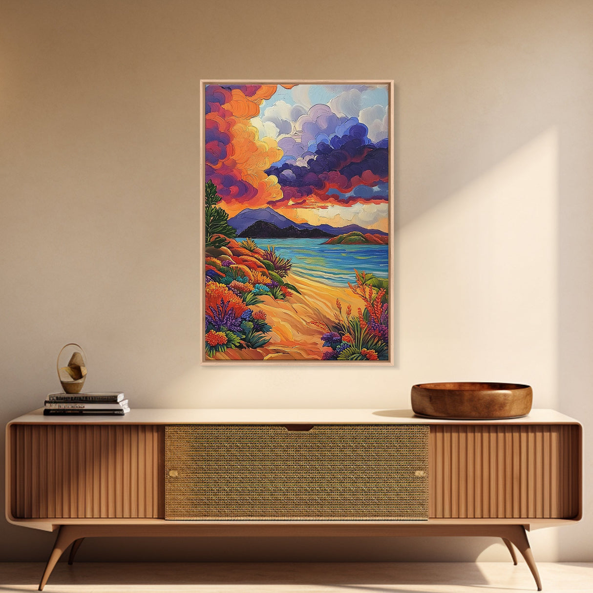 Clouds Sunset, Beach, Scenic Canvas Print, Colorful Coastal Wall Art, Vibrant Nature Landscape, Fall Living Room Art Piece