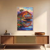 Cabin Dock, Water, Reflection, Framed Canvas Print, lake house decor, cozy retreat wall art, rustic reflection painting, fall colors