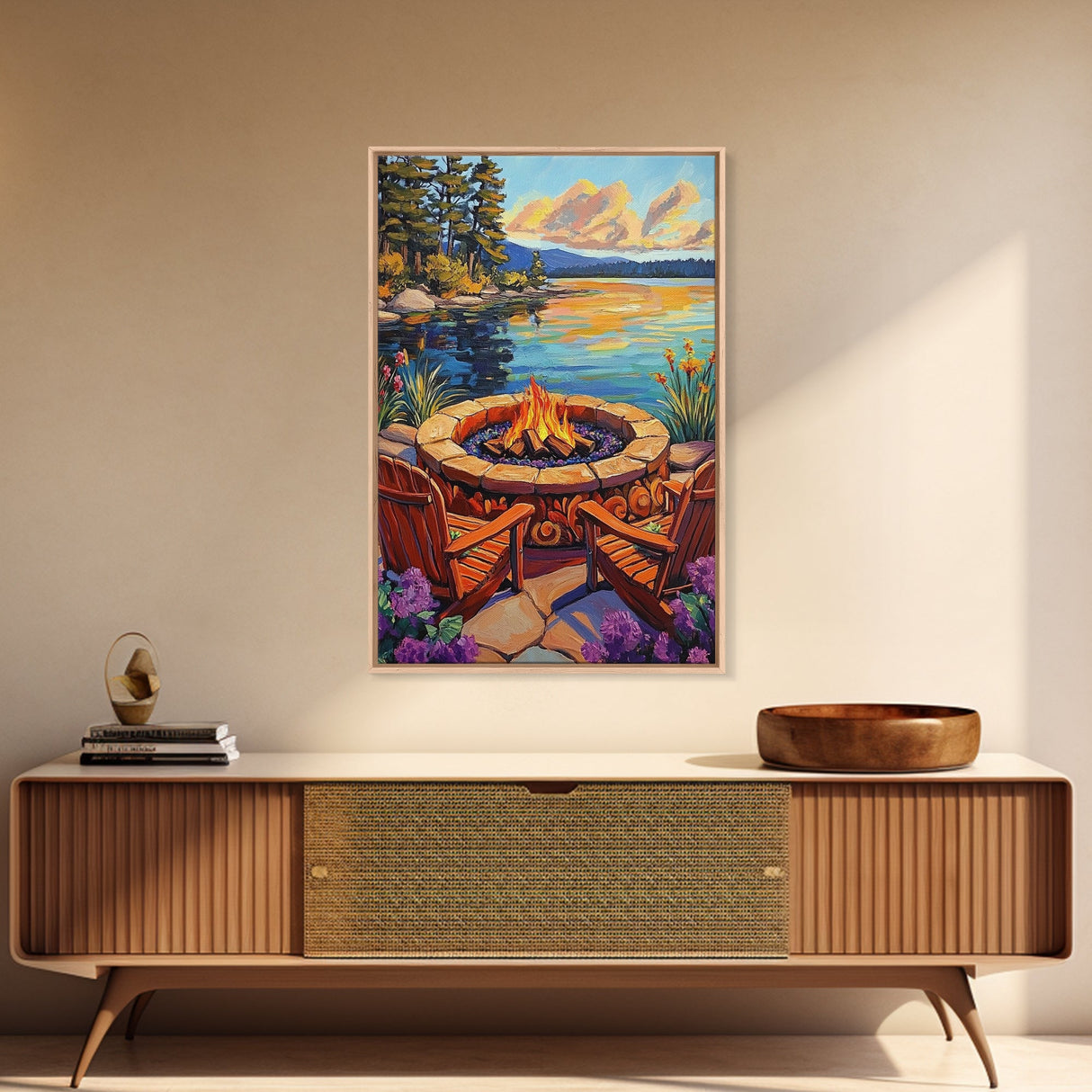 Firepit Chairs, Lake, Sunset, Framed Canvas Print, outdoor patio wall decor, rustic lakeside art, cozy fall cabin retreat artwork