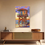Lifeguard Ocean, Surf, Sunset, Framed Canvas Print, Vibrant Lifeguard Tower Canvas, Surf Shack Painting, Beach Wall Art, Living Room Accent