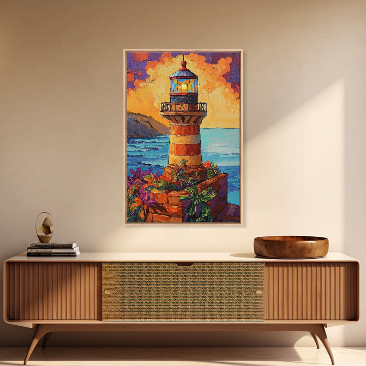 Lighthouse Ocean, Sunset, Boho, Framed Canvas Print, Lighthouse Wall Art, Coastal Decor, Nautical Sunset Canvas, Living Room Boho Artwork