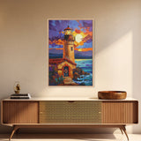 Moonlit Lighthouse, Rustic, Shore, Framed Canvas Print, Coastal Lighthouse Canvas, Dramatic Moon Ocean Scene, Rustic Nautical Wall Art