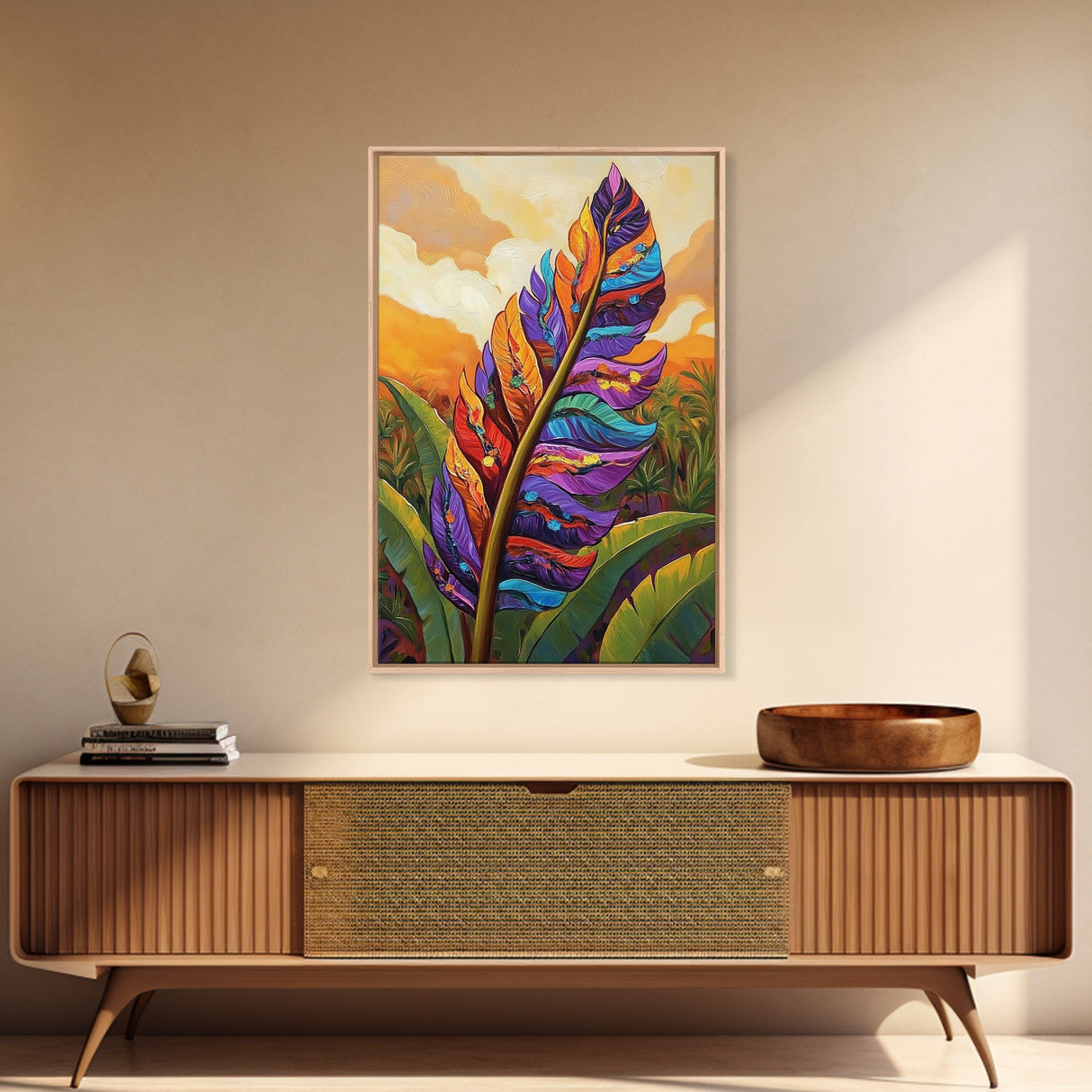 Tropical Feather, Sunset, Boho, Framed Canvas Print, Tropical Feather Wall Art, Sunset Jungle Decor, Boho Botanical Artwork, Bedroom Accent