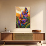 Tropical Feather, Sunset, Boho, Framed Canvas Print, Tropical Feather Wall Art, Sunset Jungle Decor, Boho Botanical Artwork, Bedroom Accent