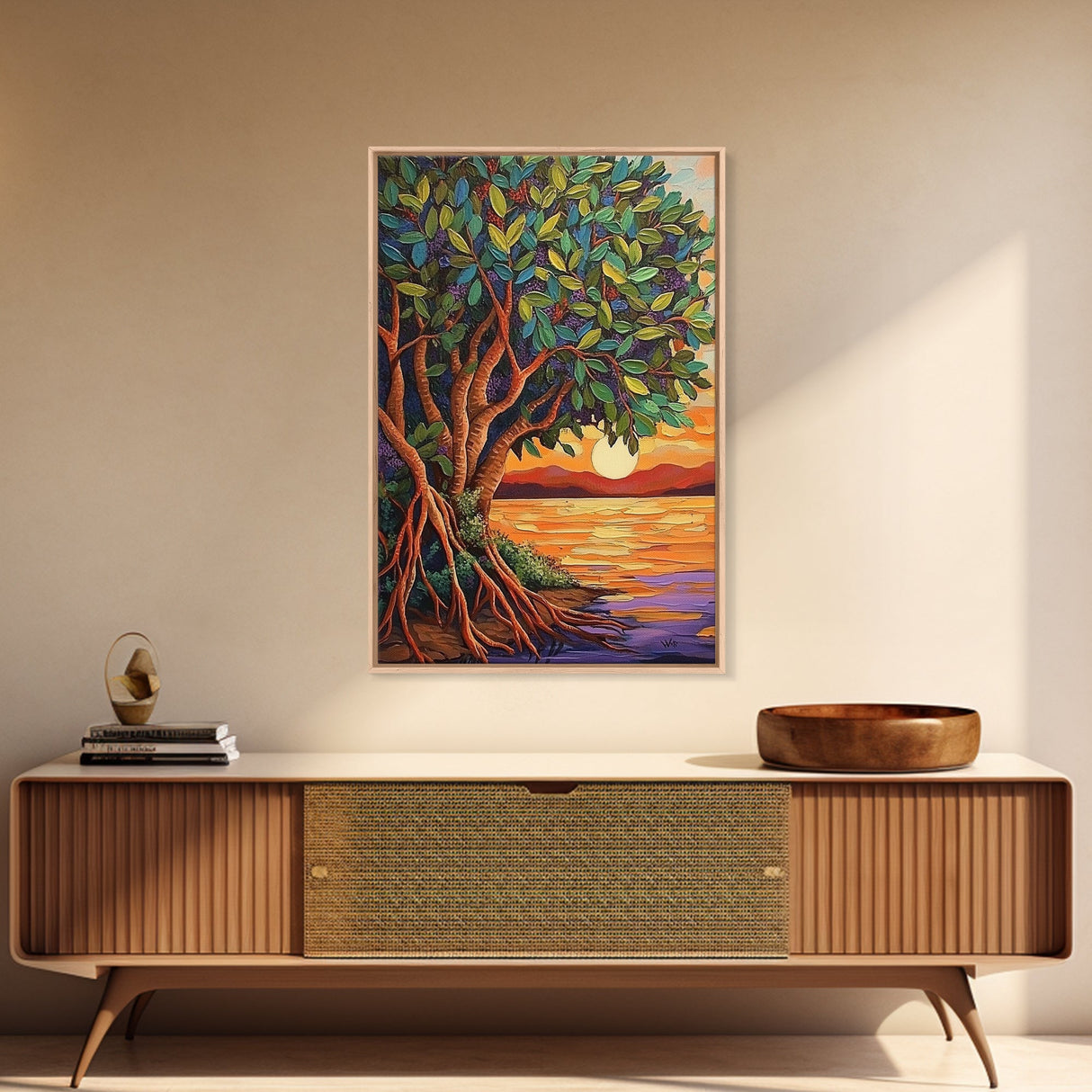 Sunset Tree, Roots, Mangrove Tree Wall Art, Spiritual Nature Decor, Zen Meditation Room Accent, Framed Canvas Print