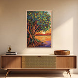 Sunset Tree, Roots, Mangrove Tree Wall Art, Spiritual Nature Decor, Zen Meditation Room Accent, Framed Canvas Print