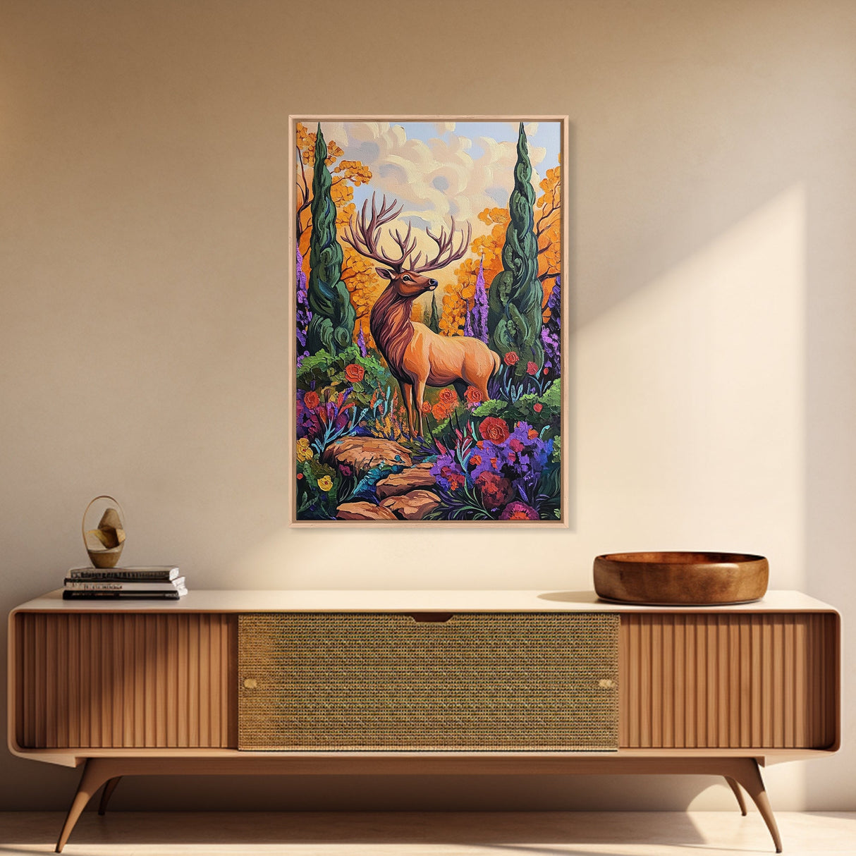 Elk Forest, Autumn, Majestic Wildlife Wall Art, Woodland Cabin Decor, Fall Season Rustic Accent, Framed Canvas Print