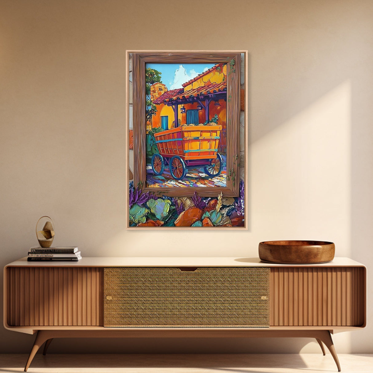 Rustic Wagon, Village, Colorful House Framed Canvas Print, Southwest Home Decor, Farmhouse Kitchen Wall Art, Mexican Art Style