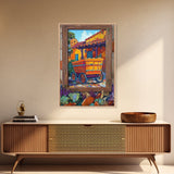 Rustic Wagon, Village, Colorful House Framed Canvas Print, Southwest Home Decor, Farmhouse Kitchen Wall Art, Mexican Art Style