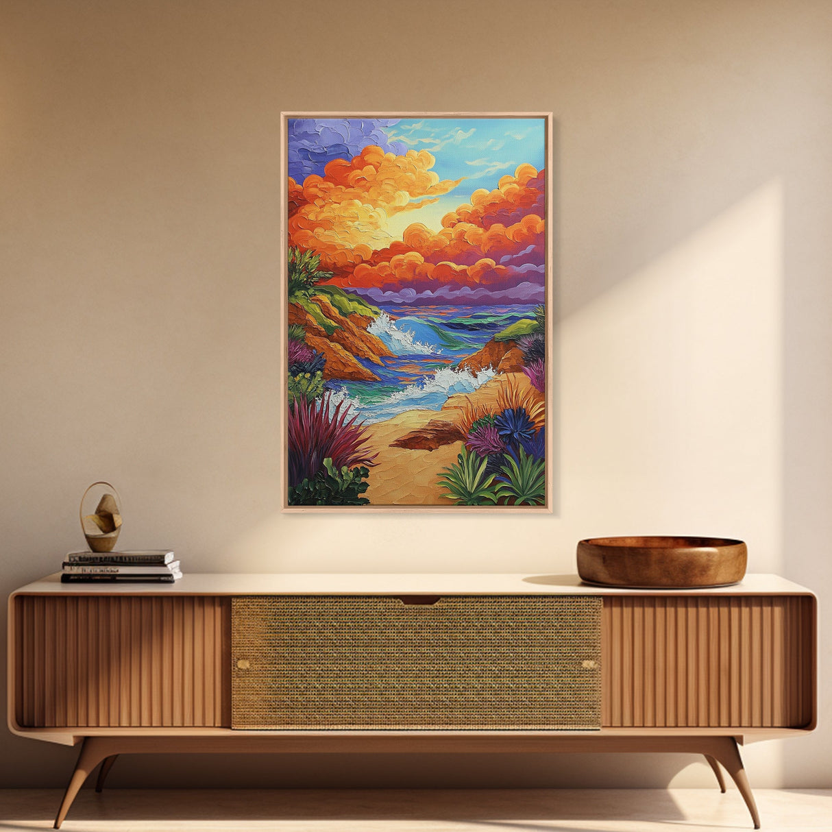 Seaside Sunset, Cliff, Dramatic Clouds Framed Canvas Print, Vibrant Ocean Wall Decor, Bathroom Beach Art, Coastal Expressionism