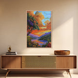 Sunset Lake, Tree, Vivid Nature Framed Canvas Print, Autumn Scenic Wall Art, Bedroom Fall Landscape Decor, Impressionist Style