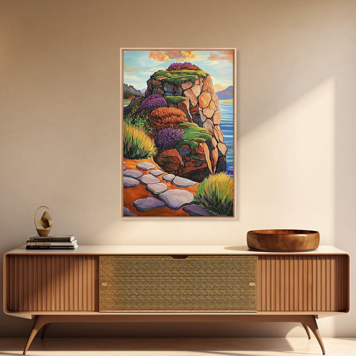 Rocky Cliff, Ocean, Wildflowers Canvas Print, Vibrant Coastal Wall Art, Hallway Nature Scene, Colorful Landscape Painting