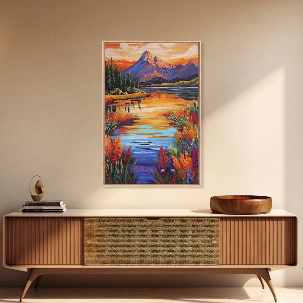 Mountain Autumn, River, Vibrant Reflection Canvas Print, Nature Wall Decor, Cabin or Lodge Living Room Art, Fall Landscape Style