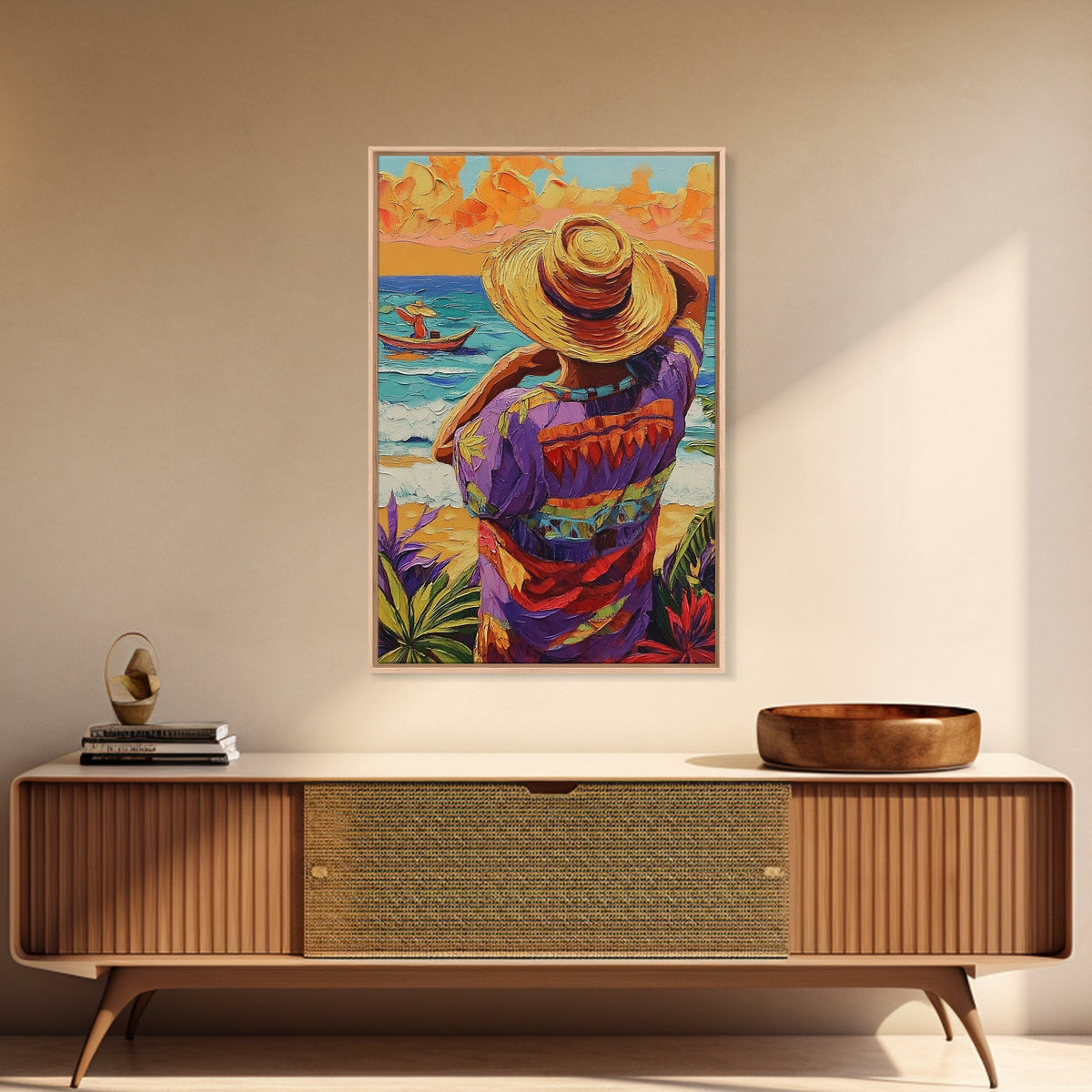 Seaside Man, Sunset, Framed Canvas Print, Vibrant beach artwork, coastal boho decor, hallway wall art, Mexico travel scene painting