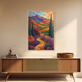 Colorful Mountain, Pathway, Autumn, Framed Canvas Print, Vibrant Fall Landscape Art, Boho Living Room Decor, Nature Wall Painting