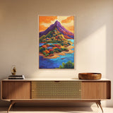 Mountain Village, Sunset, Adventure, Framed Canvas Print, Bright Landscape Wall Art, Colorful Home Decor, Eclectic Living Room Art