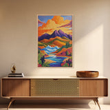 Sunset River, Mountain, Scenic, Framed Canvas Print, Bold Landscape Art, Modern Boho Wall Decor, Nature Scene Living Room Accent
