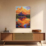 Mountain Reflection, Lake, Sunset, Framed Canvas Print, Vibrant Nature Wall Art, Rustic Cabin Decor, Bold Sunset Landscape Painting