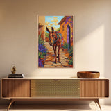 Donkey Village, Rustic, Whimsy, Framed Canvas Print, Southwestern Farmhouse Decor, Colorful Animal Wall Art, Entryway Accent Piece