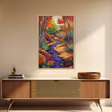 Autumn Forest, Stream, Pathway, Framed Canvas Print, Fall Nature Wall Art, Cozy Cabin Decor, Boho Living Room Landscape Artwork