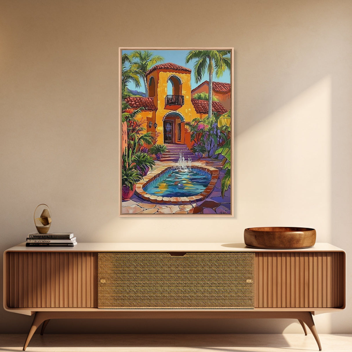 Spanish Fountain, Courtyard, Tropical, Framed Canvas Print, Vibrant Summer Wall Art, Hacienda Living Room Decor, Eclectic Boho Style