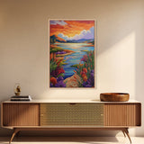 Lake Sunset, Wildflowers, Peaceful, Framed Canvas Print, Serene Nature Wall Art, Bedroom or Living Room Decor, Vibrant Landscape Style