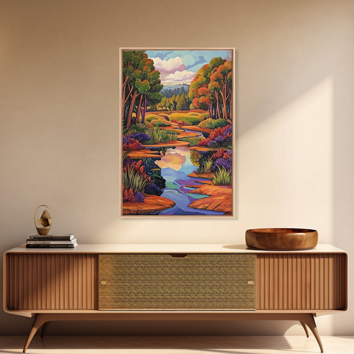 Autumn Trees, Reflection, Canvas Print, Fall forest scene, living room art, nature inspired decor, woodland painting, cozy autumn vibes