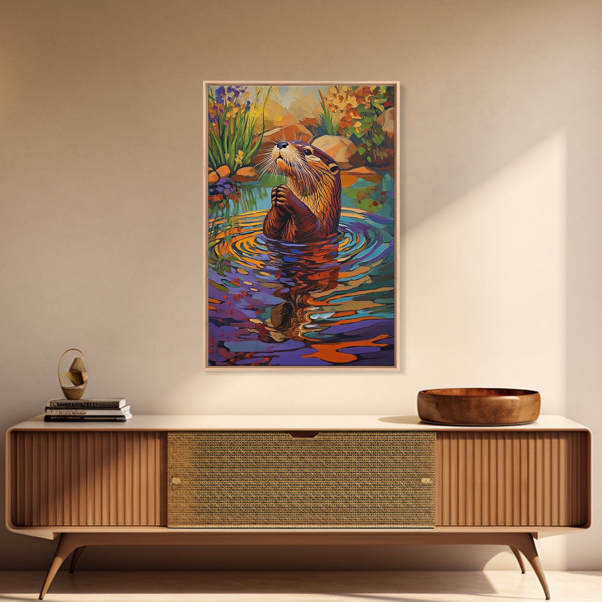 Whimsical Otter Art, Animal Lover Gift, Vibrant Nature Print, Wildlife Decor, Framed Canvas Print, Nursery Wall Art, playful artwork