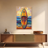 Yellow Surfboard Art, Vibrant Paddle Print, Colorful Beach Decor, Coastal Ocean Wall, Framed Canvas Print, Bathroom Wall Art, tropical art