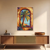 Palm Tree, Tropical Window, Coastal Home, Framed Canvas Print, beach wall art, boho art, Mediterranean decor, Kitchen Wall Art