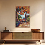 Autumn Table, Garden Path, Scenic View, Framed Canvas Print, cozy fall art, rustic decor, nature painting, Dining Room Wall Art
