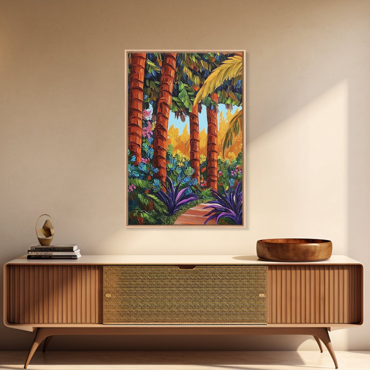 Palm Forest, Jungle Path, Tropical Garden, Canvas Print, exotic greenery, vibrant landscape painting, boho decor, Bathroom Wall Art