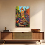 Garden Shrine, Stone Steps, Mission Style, Framed Canvas Print, colorful religious art, desert decor, boho rustic, Living Room Wall Art