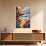 Coastal Sunset, Tropical Beach, Colorful Seascape, Ocean Art, Framed Canvas Print, Vibrant wall decor, Bathroom Wall Art, boho art