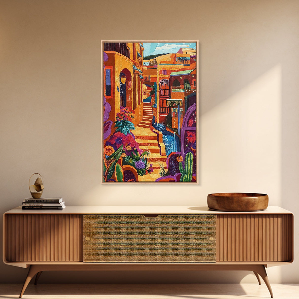 Adobe Village, Desert Color, Southwest Scene, Bright Homes, Framed Canvas Print, Living Room Wall Art, boho rustic art, warm decor