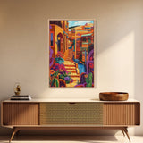 Adobe Village, Desert Color, Southwest Scene, Bright Homes, Framed Canvas Print, Living Room Wall Art, boho rustic art, warm decor