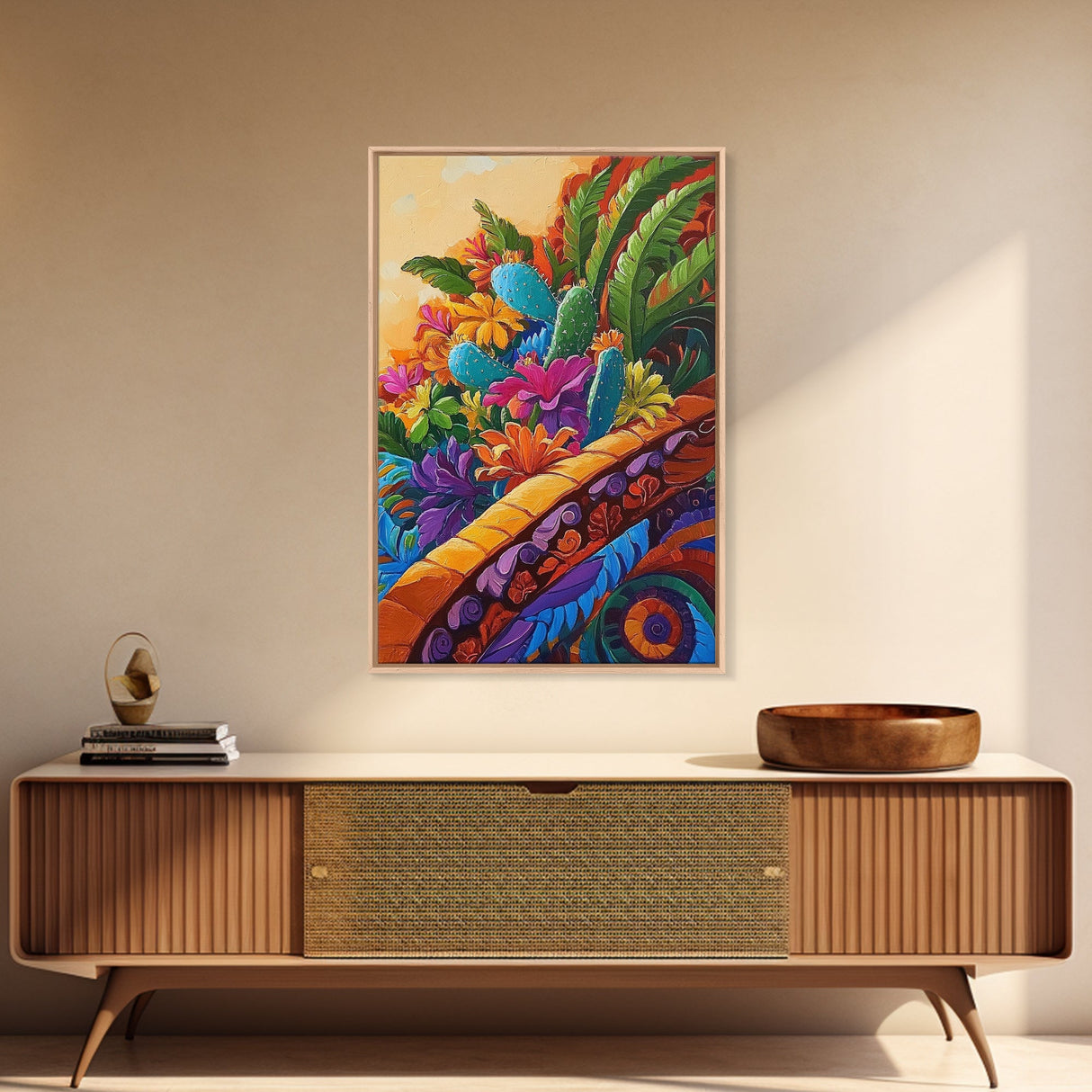 Fiesta Garden, Cactus Flowers, Bright Patio, Mexican Blooms, Framed Canvas Print, Kitchen Wall Art, boho floral decor, folk charm