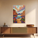 Sunset Boats, Tranquil Cove, Coastal Wall Decor, Framed Canvas Print, Beach House Art, Pastel Sky Painting, Colorful Nautical Art
