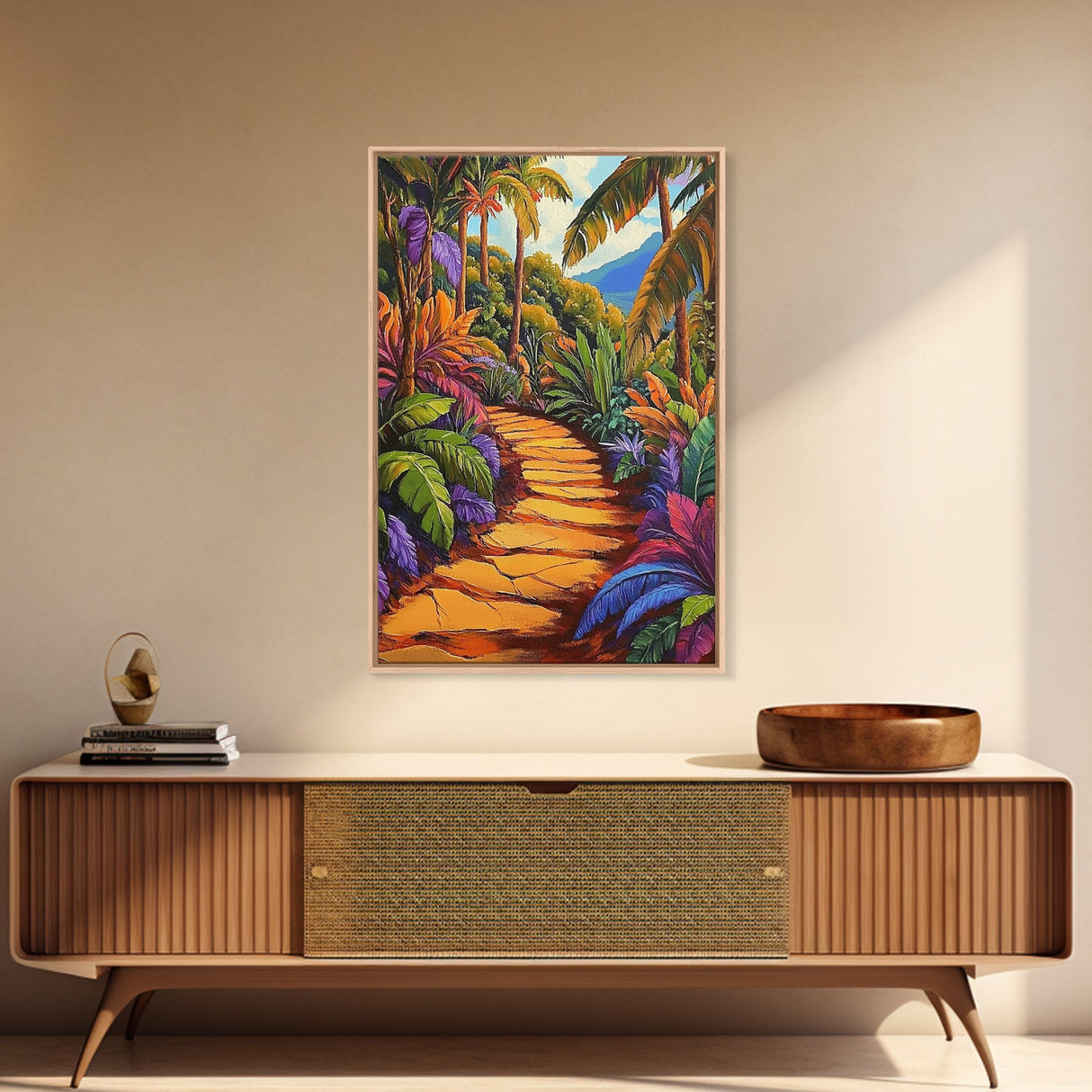 Tropical Trail, Jungle Pathway, Bright Nature Scene, Canvas Print, Boho Living Room Wall Art, Exotic Garden Decor, Colorful Tropical Painting