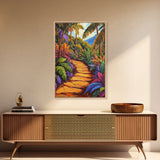 Tropical Trail, Jungle Pathway, Bright Nature Scene, Canvas Print, Boho Living Room Wall Art, Exotic Garden Decor, Colorful Tropical Painting