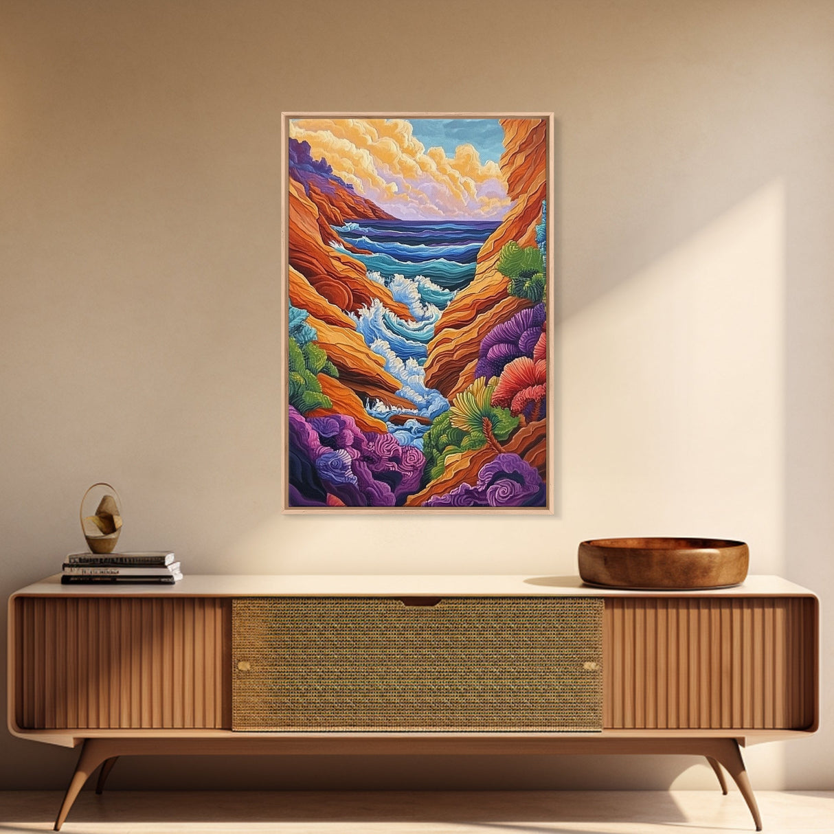Wild Coast, Ocean Energy, Bold Waves, Colorful Rocks, Canvas Print, Eclectic Wall Art, Coastal Retreat Decor, Psychedelic Ocean Art