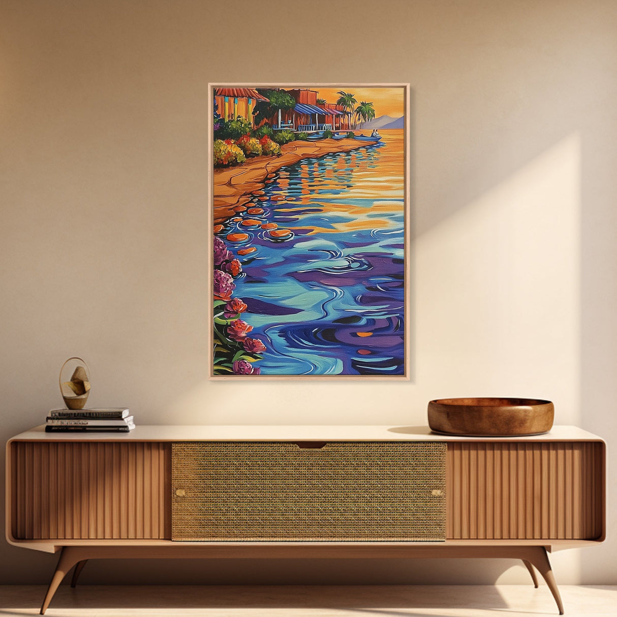Waterfront Glow, Sunset Village, Palm Colors, Tranquil Scene, Framed Canvas Print, Dining Room Wall Art, Coastal Home Decor, Tropical Vibes