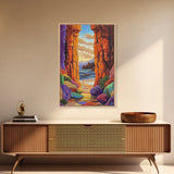 Hidden Cove, Rocky Entry, Ocean View, Sunset Moment, Framed Canvas Print, Bedroom Wall Art, Seaside Fantasy, Desert Coastal Decor