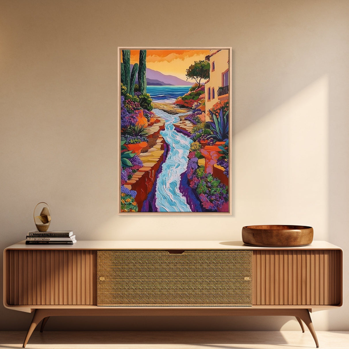 Coastal Pathway Stream, Sunset Cactus Art, Vibrant Garden Trail, Canvas Print, Mediterranean Landscape, Kitchen Wall Decor, Boho Art