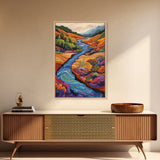 Autumn River Valley, Floral Hillside Art, Bright Fall Landscape, Framed Canvas Print, Seasonal Wall Decor, Living Room Autumn Art