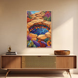 Stone Pool Oasis, Desert Garden Art, Colorful Rock Pond Scene, Framed Canvas Print, Bathroom Wall Decor, Bohemian Nature Art