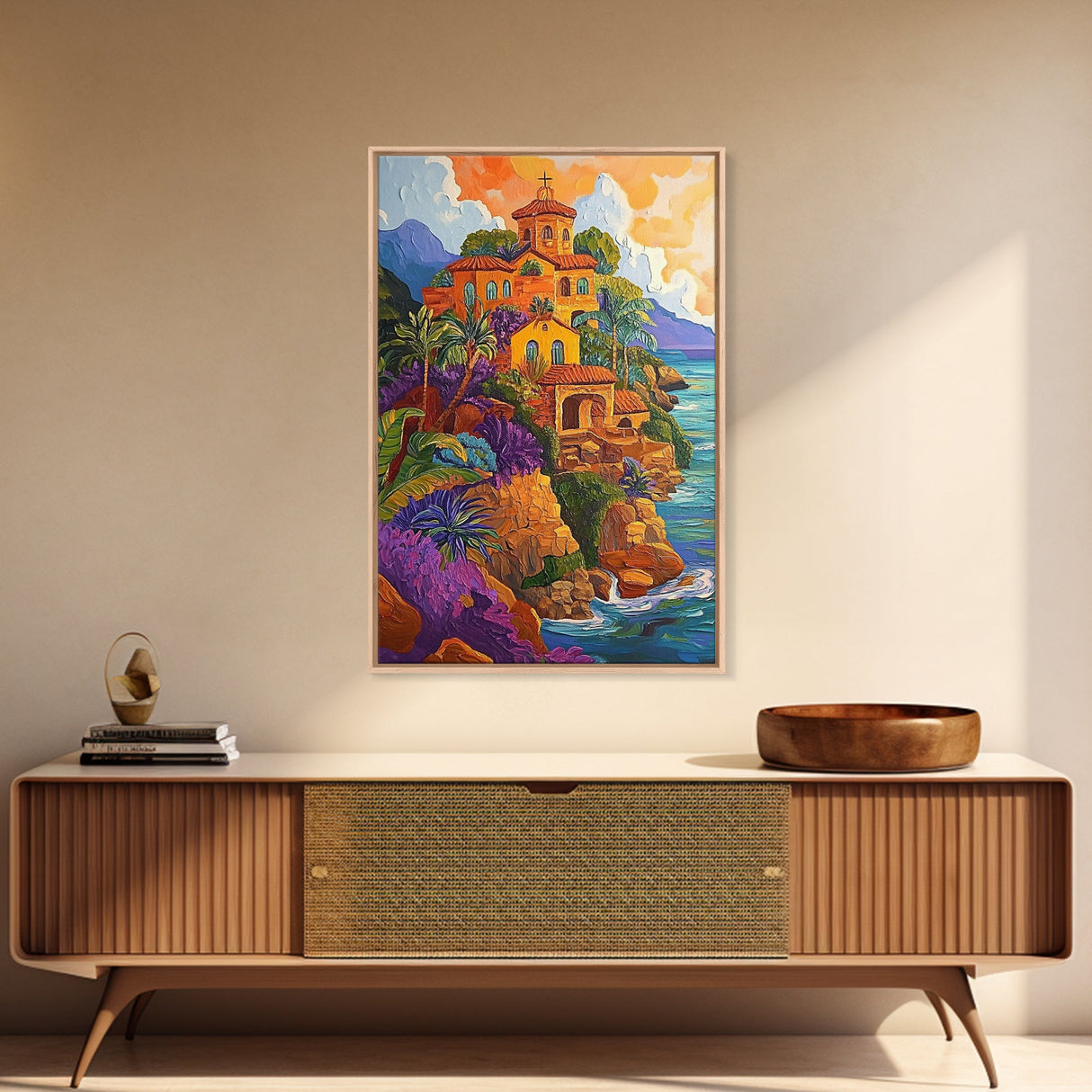 Sunset Mission by Sea, Spanish Coastal Church, Tropical Mountain View, Framed Canvas Print, Living Room Art, Bold Wall Statement