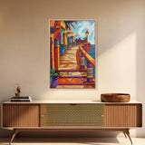 Coastal Colorful Pathway Painting, Framed Canvas Print, Boho coastal wall art, beach town painting, hallway decor, summer vibe
