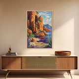 Desert Cliffside, Ocean View, Nature Painting, Colorful Landscape, Living Room Wall Art, Framed Canvas Print, Southwest Home Decor