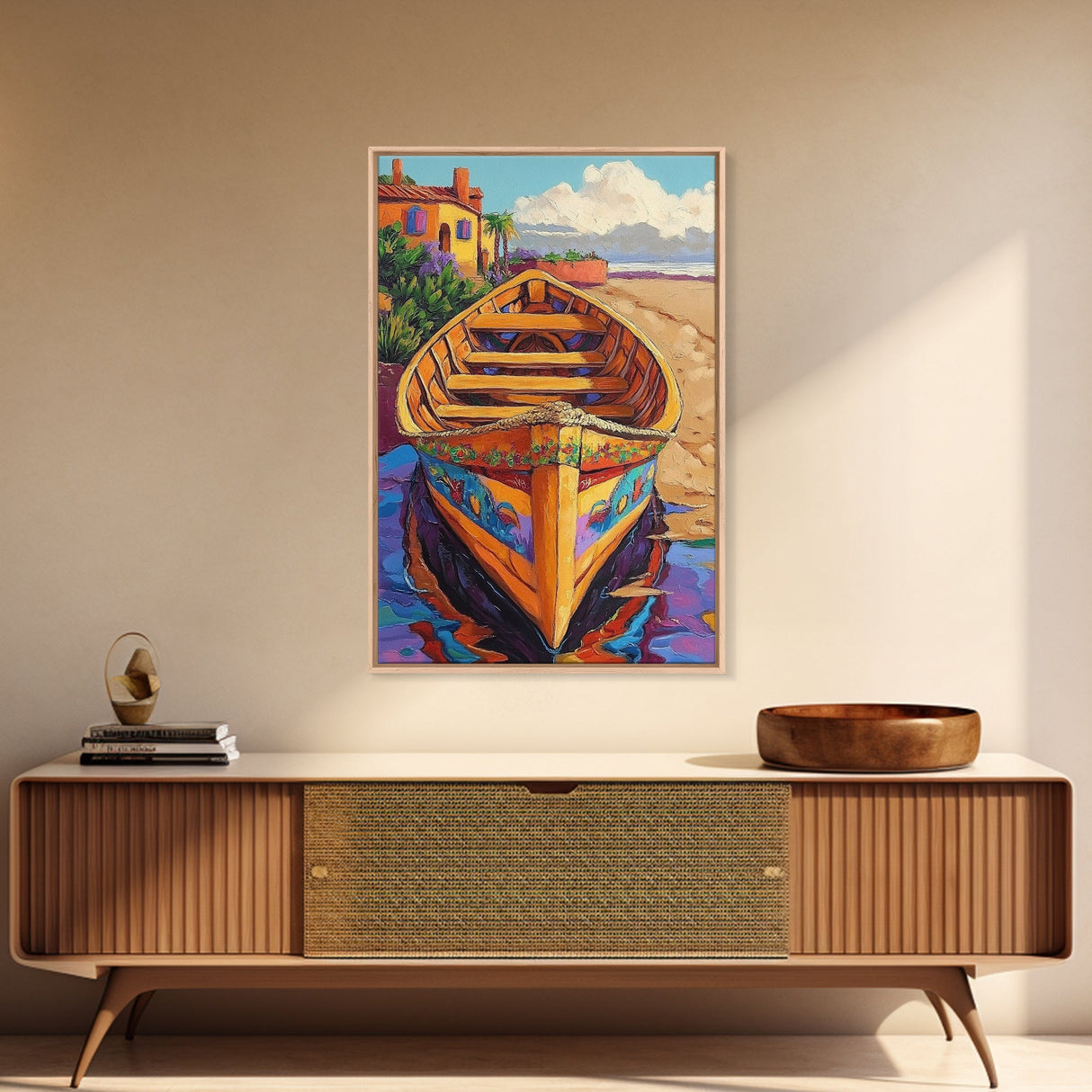 Painted Boat, Coastal Home, Nautical Style, Vibrant Beach Scene, Seaside Decor, Bathroom Wall Art, Canvas Print, Summer Vibes Art
